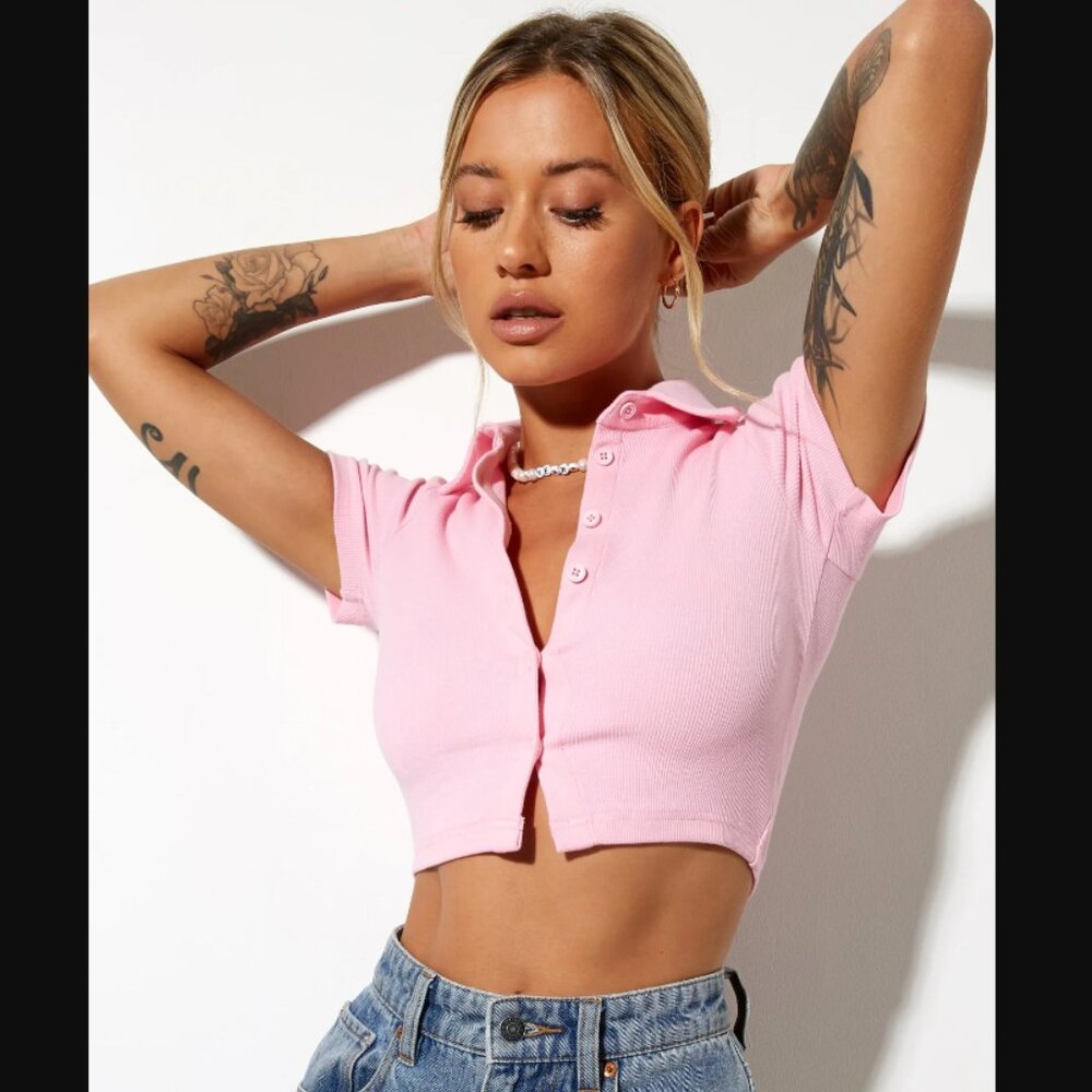 Motel Rocks Panya Cropped Polo Shirt In Rib Baby Pink